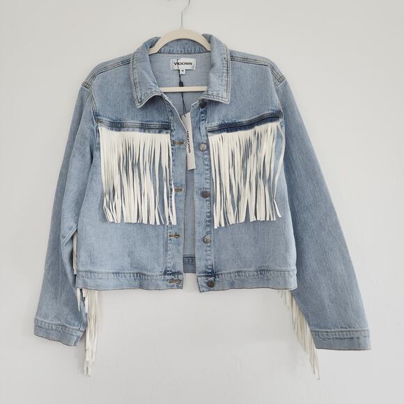 Vigoss Denim Jean Jacket Light Wash with White Fringe Size Medium - Picture 3 of 8